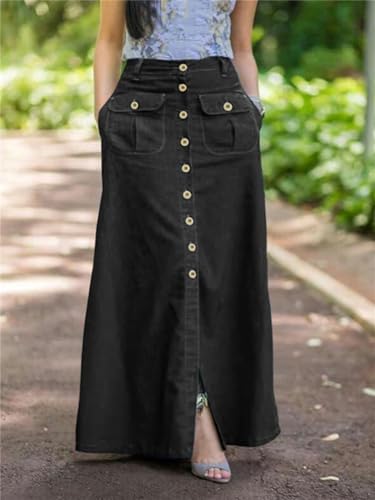 Women Skirts Summer Denim Solid Color Long Skirt Casual Split Bottoms Lady A-Line Button Up Skirt4