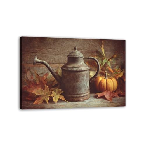 Large Canvas Wall Art Pumpkin Autumn Watering Can Fall Leaves