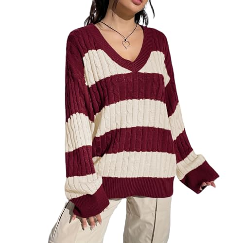 Image of Women Y2K Striped Sweater 90s Vintage Aesthetic Long Sleeve V-Neck Knit Pullover Jumper Loose Fall Sweatshirt
