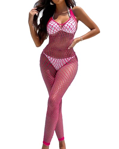 XIUSEMY - XIUSEMY Body Sexy Femme Combinaison Résille Une Pièce Nuisette Bodystocking, Rose, Taille unique