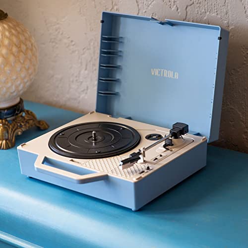 Image of Victrola Re-Spin - Sustainable Suitcase Vinyl Record Player, 3-Speed (33 1 /3, 45 & 78 RPM), Belt-Driven Bluetooth Turn Table with Built-in Bass Radiator, 3.5mm Headphone Jack (Light Blue)