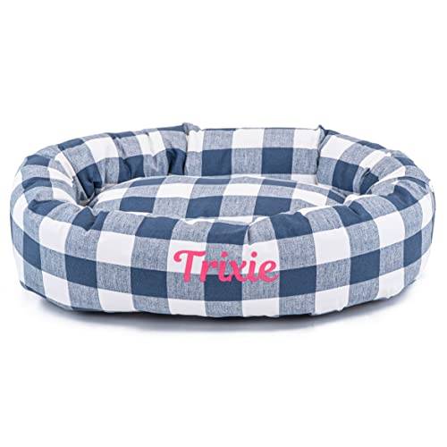 Image of Majestic Pet Anderson Check Personalized Bagel Dog Bed | Donut Style Pet Bed with Custom Embroidered Pet Name | Various Fonts and Thread Colors Available (Large, Navy Blue)