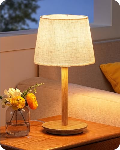 EDISHINE Lampada da Comodino con Base in Legno Massello, Paralume in Lino, 2700K Bianco Caldo, Lampada da Tavolo LED E27 per Camera da Letto e Soggiorno, incl. Lampadina LED 4W