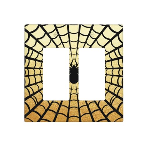 Decorative Outlet Covers Black Spider Spiderweb on Golden Background 2 Gang Light Switch Cover Plate Double Rocker Wall Plate Switch Plate Covers Faceplate for Bedroom Home Decor