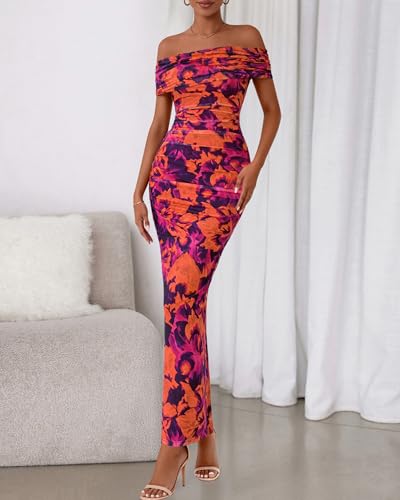 Image of BTFBM Cocktail Dresses for Women 2026 Elegant Classy Off Shoulder Bodycon Mesh Slit Floral Maxi Spring Summer Dress