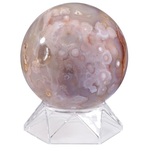Amogeeli Cherry Blossom Agate Crystal Sphere with Acrylic Stand for Decoration Stone Ball Sculpture for Divination 2.79-3.14