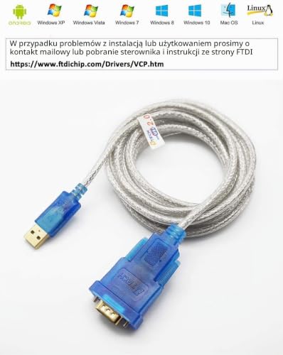 DTech USB na RS232 DB9 adapter szeregowy z chipsetem FTDI, obsługuje Windows 11 10 8 7 i Mac Linux (1,2 m)