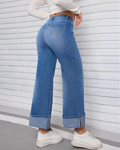 Women's Straight Wide Leg High Waist Jeans for Trendy Stretch Denim Pants with Cuffed Hem-Comfort Fit Casual Outfit3