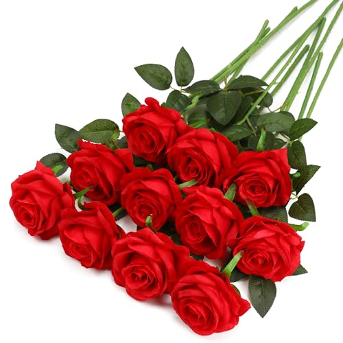 FLORRALIA Red Fake Roses Artificial Flowers - 10 Pcs Fake