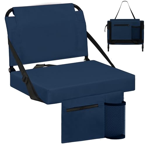 Besunbar Stadium Seats for Bleachers with Back Support Bleacher Seat Soft Cushion Light Weight Includes Shoulder Strap & Cup Holder, Front & Back Zipper Pocket, Suitable for Sports Events,Navy