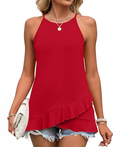 JUSTFASHIONNOW Womens Halter Tank Top Dressy Casual High Neck Tank Camisole Tops Flowy Ruffle Hem Sleeveless Summer Blouses Beach Vacation Clothes (Red,Large) — view 3