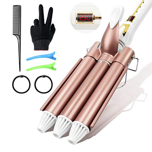 Fer à boucler Kaliwa - Fer à onduler 3 tonneaux - Grandes boucles - Chauffage rapide 20 s - En céramique tourmaline - Température réglable avec écran LCD - 22 mm - Pour cheveux longs/courts