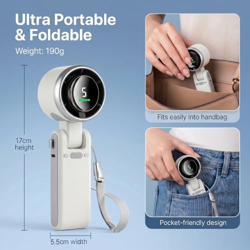 Image of GISMO Portable Handheld Fan with LED Display, 1200mAh USB Rechargeable Mini Fan, 5 Speed Adjustable Turbo Personal Cooling Fan, Foldable Desk Fan for Travel /Office /Outdoor /Home Use - white