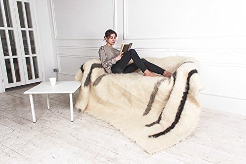 White Wool Throw Blanket, Fuzzy plaid for living room, Boho sofa bedspread Thick weighted Cover Pattern Geometric Heavy Bed Coverlet, Handmade Kilim fluffy Hand Woven Aztec modern flokati