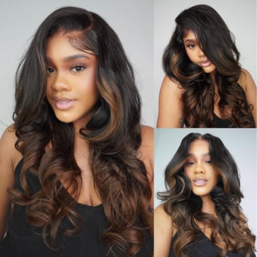Image of Beauty Forever Bye Bye Knots Wig 7x5 Glueless Lace Black to Chestnut Brown Ombre Loose Wave Wig with Bleached Knots Put on and Go Pre Plucked Pre Cut HD Lace Wig for Women 150% Density 14 Inch