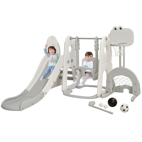 GLACER Dinosaur Toddler Slide & Swing Playset, 6-in-1 Outdoor Indoor Playground w/Basketball Hoop, Football Gate & Golf Hole, Kids Slide Climber Set, Swing Sets for Backyard, Garden, Patio (Grey)