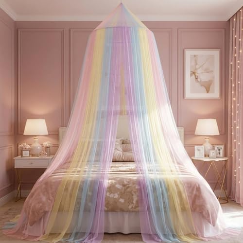 Mosquitera para cama matrimonial dosel arcoíris de techo y cortinas de princesa infantiles 3