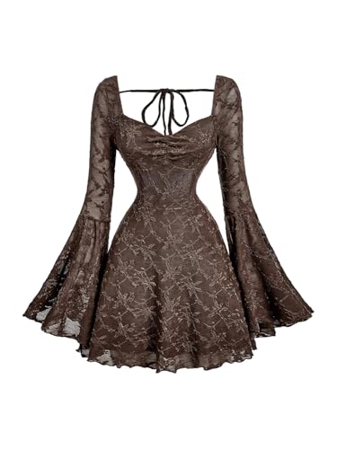 Image of WDIRARA Women's Floral Jacquard Gothic Bell Long Sleeve Dress | Mesh , A Line, Vintage