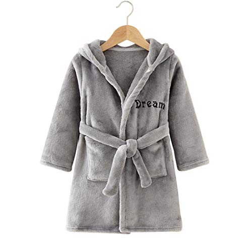 Toddlers Kids Hooded Robe Boys Girls Soft Flannel Bathrobes Pajamas Plush Robe (Grey, 18-24 Month)