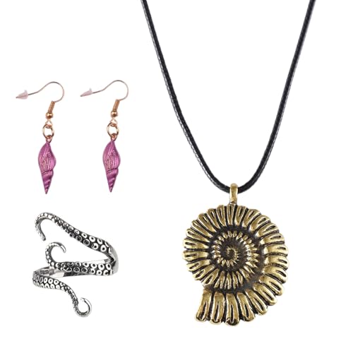 Ursula Costume Accessories Set Sea Witch Shell Necklace Purple Conch Shell Earrings Vintage Silver Octopus Ring Ursula Necklace Halloween Sea Witch Octopus Costume Accessories Jewelry for Cosplay