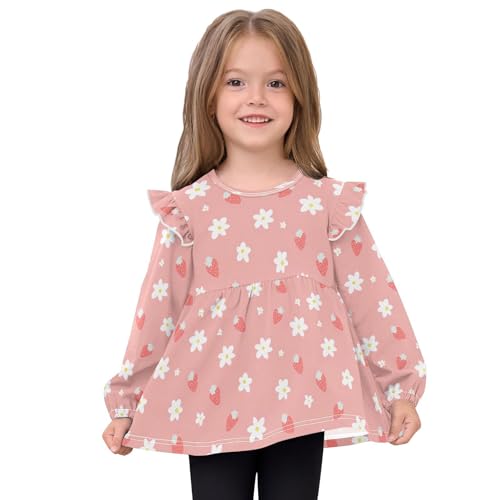 Strawberry White Flower Girls Shirts Cotton Long Sleeve Ruffle Toddler Tee Tops3