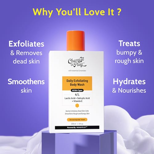 Chemist At Play Exfoliating Body Wash 236ml | Removes Tan, Fights Body Acne, Strawberry Skin | 4% (Salicylic Acid, Vitamin E & Lactic Acid) | Gentle Exfoliating Shower Gel For Women & Men