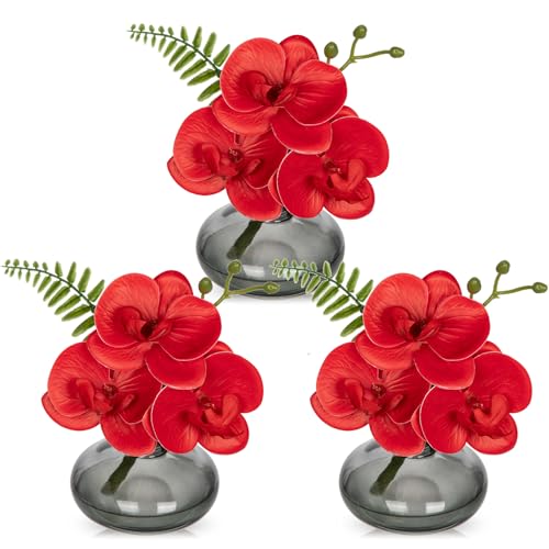 Red Orchids Artificial Flowers Faux Orchids Arrangement in Black Glass