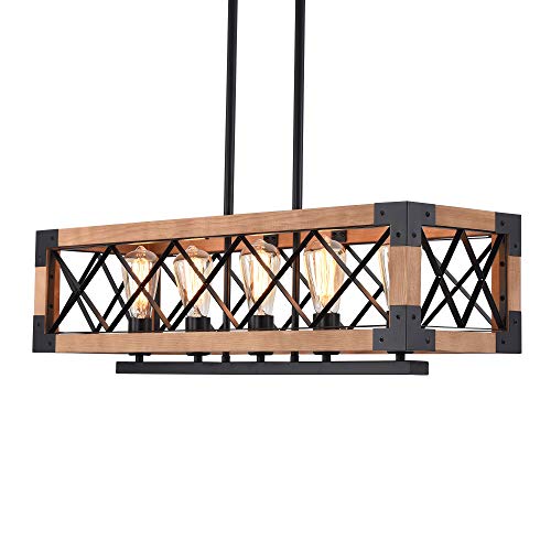 Image of Island Light Fixtures Pendant Rectangular Wood Farmhouse Chandelier for Dinning Rooms 5-Light Linear Kitchen Island Lighting