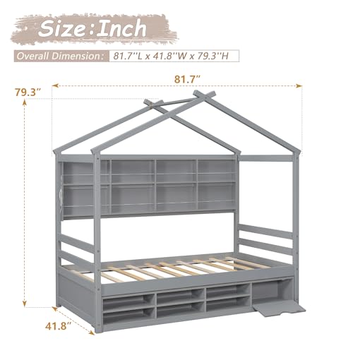 Twinbedframesforkidswoodhousebedwithstorageshelvesmontessoriplayformbedframewithheadboardforboysgirlsgray817lx418wx793h  Urban Country Home Decor Twin bed frames for kids wood house bed with storage shelves montessori playform bed frame with headboard for boys girls gray 817l x 418w x 793h  urban country home decor
