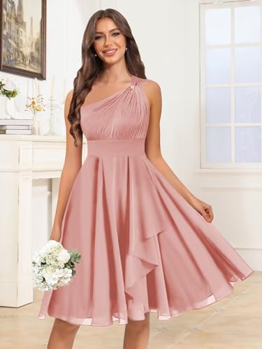 Short One Shoulder Bridesmaid Dresses for Women Chiffon Ruched Ruffles A Line Formal Evening Gown2