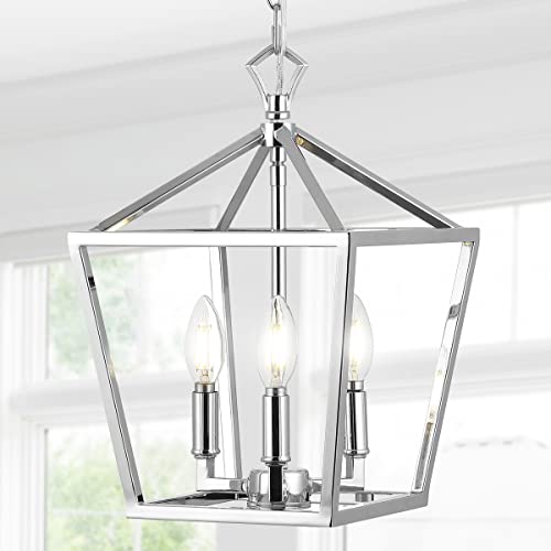 Image of JONATHAN Y Ojai Pagoda Pendant Lantern 10 inch, Chrome | 3-Light, Metal Frame Construction, LED Bulbs Included, Adjustable Chain, Classic Farmhouse Chandelier, Entry Foyer Decor