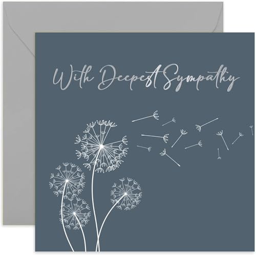 With Deepest Sympathy - Grey Blue Dandelion Condolences Card - Sorry Mourning Bereavement Cards for Adults - Thinking of You | Blank Inside