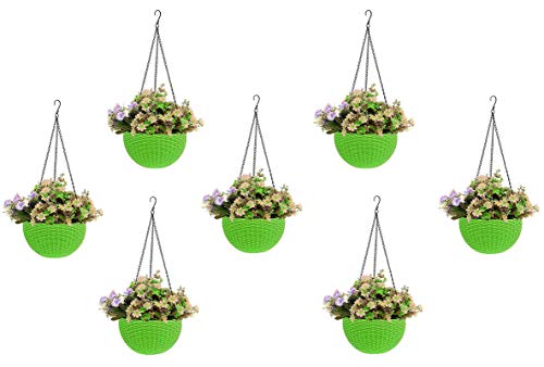 Image of Go Hooked Round Rattan Plastic Hanging Planters /Beautiful Hanging Flower Pots for Garden Patio Balcony (Green) - Pack of 7