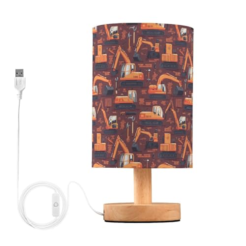 IBGIKWH Construction Tools Excavators Bedside Table Lamp Small Desk Lamps Linen Fabric Shade Decorative Nightstand Lamp LED with USB Port Wood Base for Bedroom Living Room