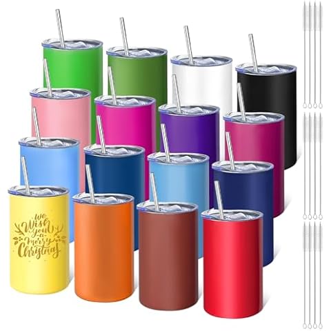 YOUKE OLA 16 Pack Stainless Steel Skinny Tumblers 12oz - Bulk Straight Double Wall Vacuum Insulated Tumbler with Lid and Straw for Travel, DIY, 16 Colors Cover