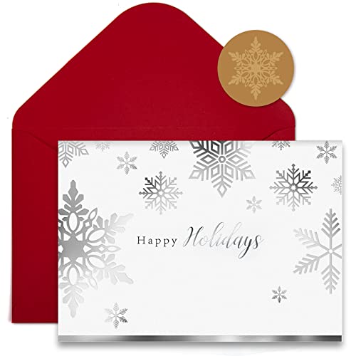 Christmas Cards Happy Holiday Cards Season's Greetings Snowflake 16 Unique Silver Foil Xmas Vintage Greetings Cards Boxed with Red Envelopes Yuletide Paper Cards Designs Elegant Bulk Greeting and New Years Cards - 5x7inch