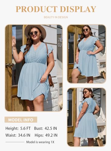 Image of Eytino Plus Size Dresses for Women Summer Ruffle Cap Sleeve Lace V Neck Embroidery Eyelet A Line Dress(1X-5X)