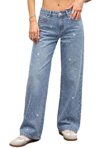 ELLEVEN Low Rise Baggy Jeans for Women Trendy Stretchy Y2K Wide Leg Rhinestone Jeans Boyfriend Straight Leg Denim Pants Rhinestone 6