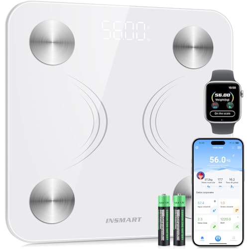 NSMART Bascula Baño, Bascula Grasa Corporal y muscular con pantalla LED,Bascula con app para Andriod e iOS,Bascula Inteligente controla 17 datos corporales,Balanza Peso Corporal peso máximo 180kg