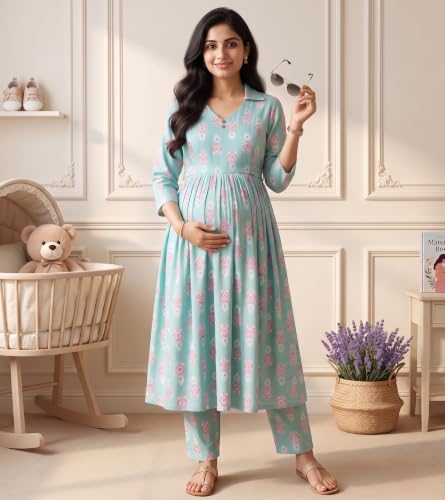 Image of DUMMY SHAPE Maternity Dresses for Women Cotton | Floral Kurta Pant Dupatta Set with Nursing Zippers, Side Pocket | Pre & Post Pregnancy | Feeding Kurti Suit | Baby Shower | Gifts for Pregnant Woman