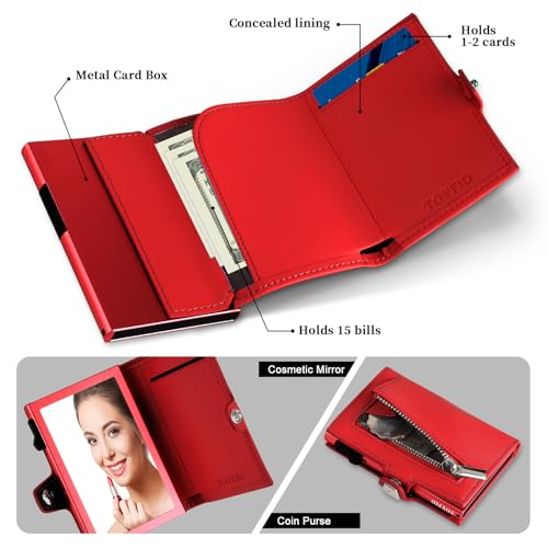 Image of Pop Up RFID Wallet Women, Small Wallet for Women Compatible with Airtag, Tri-fold Genuine Leather Wallet Women with Mirror, Zp-Red, Business Casual Style