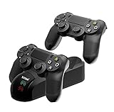 √ 【Effizientes Laden】 Diese PS4-Ladestation ermöglicht das Aufladen von zwei Controllern gleichzeitig. Es dauert ca. 2,5 Stunden, um den doppelten Controller vollständig aufzuladen (800 mA Ausgangsstrom-Elektrizität pro Controller), individuelles Aufladen wäre schneller. Machen Sie sich keine Sorgen darüber, das Spiel zu unterbrechen, wenn das Gamepad leer ist.