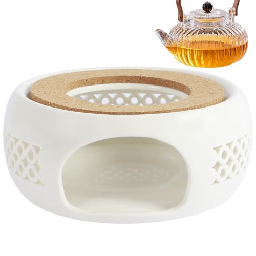 Ceramic Teapot Warmer, Teapot Heater, Porcelain Tea Light Coffee Warmer with Cork Cushion, Candle Heating Stand for Glass, Stainless Steel, and Ceramic Teapots, Elegant Design for Tea Lovers