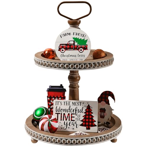 Handmade Two Tiered Tray Stand Small Beaded Tiered Seasonal Tray Decor Warm Brown Wooden Kitchen Serving Tray for Coffee Food Fruits Cupcakes Home Decor Holiday Display