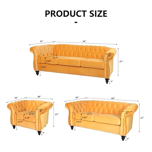 Image of QHITTY 3 Piece Living Room Set, Sectional Chesterfield Sofa Chair Contemporary Upholstered Velvet Loveseat Couch Sets for Living Room, Bedroom, Office