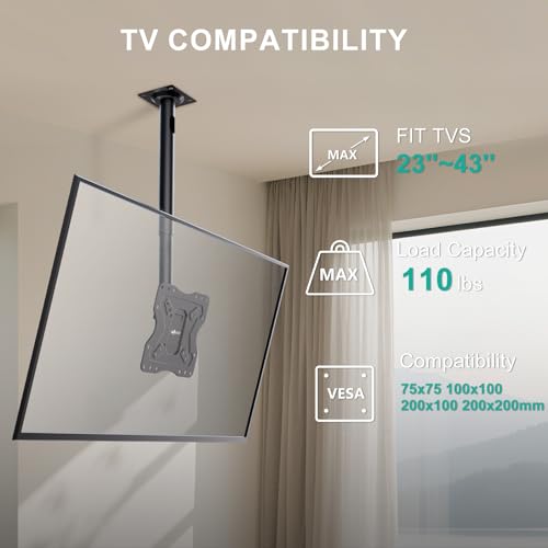 Image of WALI TV Ceiling Mount Adjustable Bracket Fits Most LED, LCD, OLED and Plasma Flat Screen Display 23 to 43 Inch, up to 110 Lbs, Mounting Holes 200x200mm (CM2343), Black