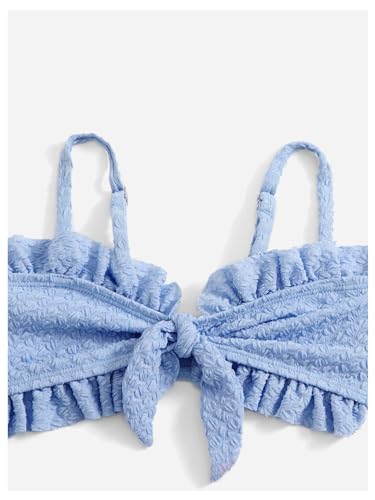 Image of MakeMeChic Girl's 3 Piece Swimsuit Textured Knot Front Frill Trim Bikini Sets with Ruffle Wrap Cover Up Skirt Blue 1T