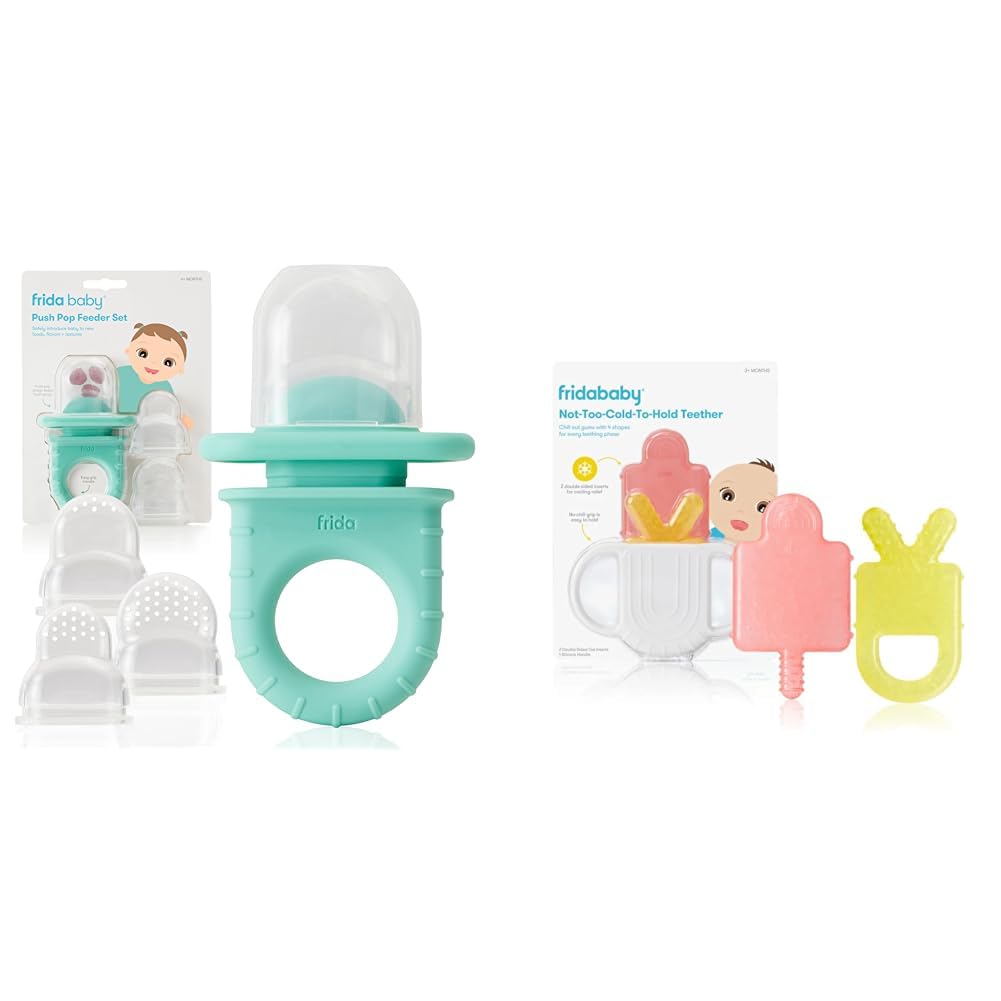 Frida BabyPush Pop Feeder, Baby Fruit Feeder + 4-in-1 Teether Teething Toy 100% Food-Grade Silicone Food Pacifier and Teether Toy for Baby 0-6, 12, 18 Months Infant