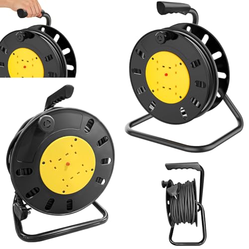50M Thermal Cut Out Outdoor Extension Lead Waterproof 4 Socket Cable Reel Four Socket Open Cable Reel Extension Lead with Winding Handle Thermal Cut Out Heavy Duty for Garden Workshop Power Tool