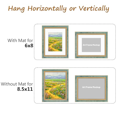 Image of Golden State Art,8.5x11 Ornate Picture Frame Holds 6x8 Photo,Blue Gold | Includes plexiglass front,white mat,easel stand,build-in hangers and buttons.Displays 6x8 photo on wall or tabletop